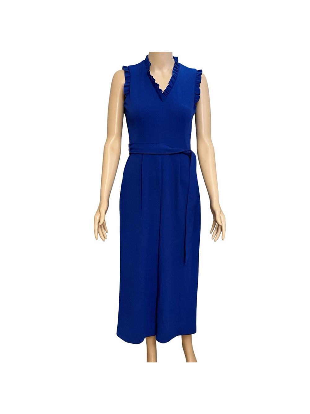 Calvin Klein Ruffle Wide Leg Jumpsuit Size 2 Cropped Cobalt Blue Sleeveless